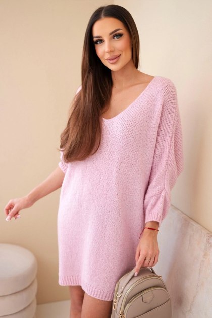 Sukienka damska Plus Size wełniana z dekoltem V jasno różowa