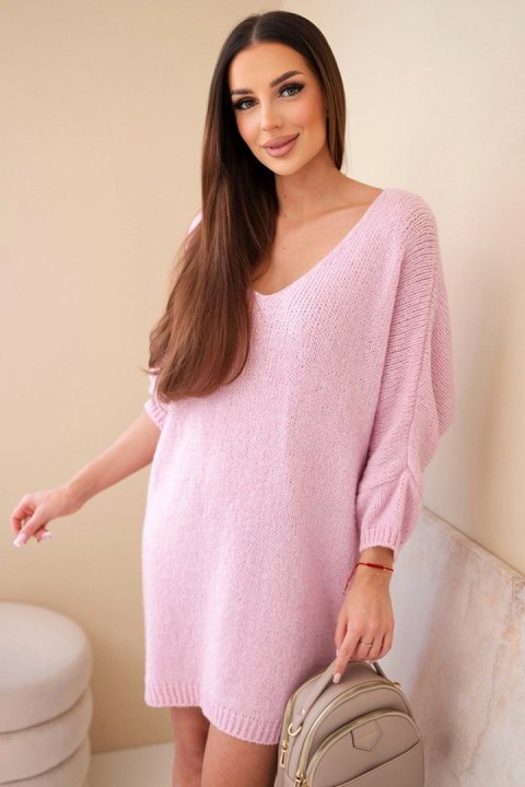 Elegancka jasno różowa sukienka damska Plus Size z dodatkiem wełny i wysmuklającym dekoltem V