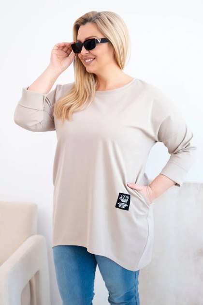 Bluzka damska Plus Size z dłuższym tyłem i długim rękawem ciemno beżowa