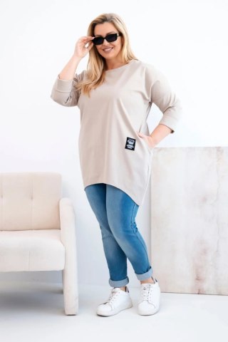 Bluzka damska Plus Size z dłuższym tyłem i długim rękawem ciemno beżowa