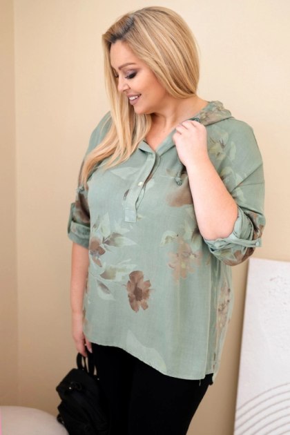 Bluzka damska Plus Size z wiskozy z kapturem i kwiatowym wzorem khaki
