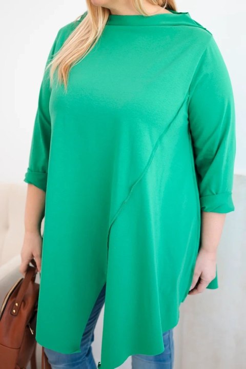 Bluzka damska bawełniana Plus Size asymetryczna z podwijanym rękawem zielona