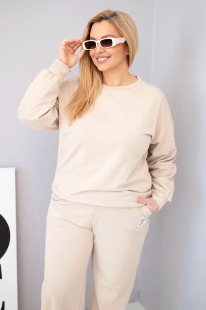 Komplet damski Plus Size bawełniany z luźną bluzą i spodniami z szeroką nogawką beżowy