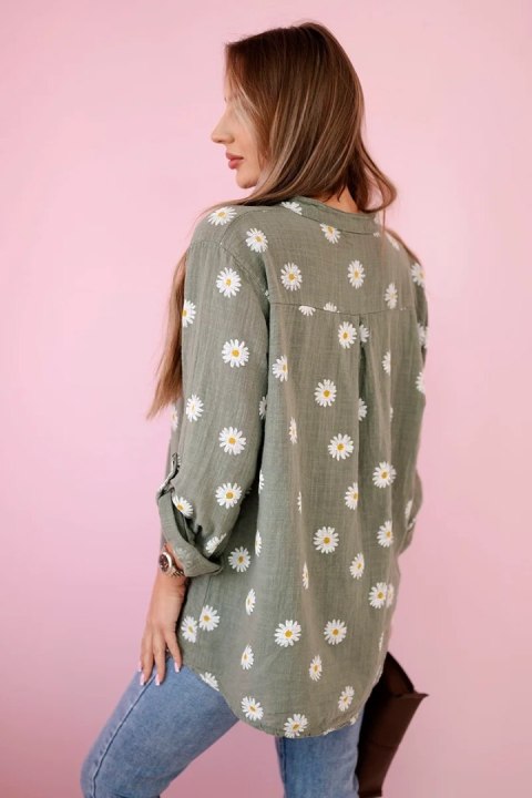 Lniana damska bluzka w kwiaty khaki