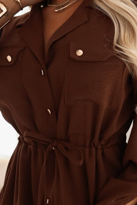 651-1 Szmizjerka koszulowa sukienka midi z guzikami i paskiem - czekoladowa