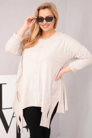 Bluzka damska bawełniana Plus Size z asymetrycznym dołem i wycięciami beżowa