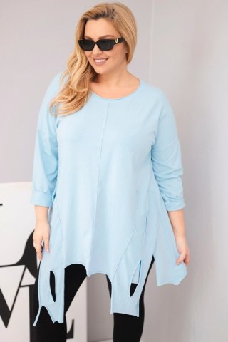 Bluzka damska bawełniana Plus Size z asymetrycznym dołem i wycięciami niebieska