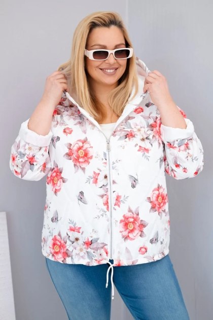 Kurtka damska wiosenna pikowana Plus Size z kapturem i kwiatowym wzorem biała