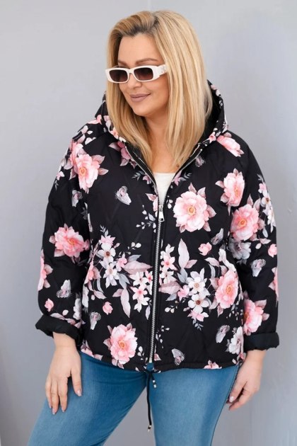 Kurtka damska wiosenna pikowana Plus Size z kapturem i kwiatowym wzorem czarna