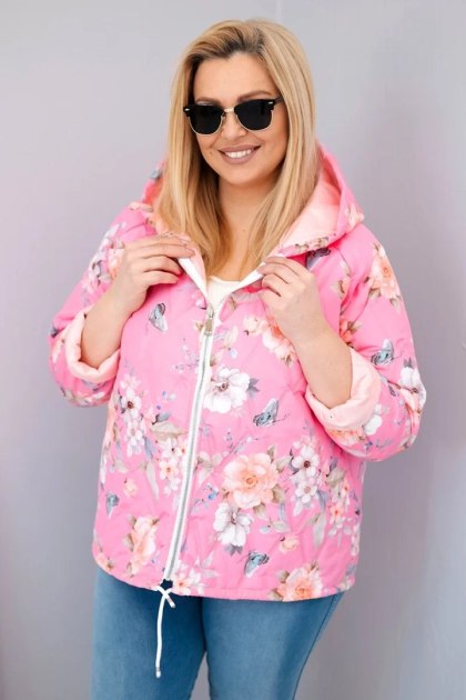 Kurtka damska wiosenna pikowana Plus Size z kapturem i kwiatowym wzorem jasno różowa