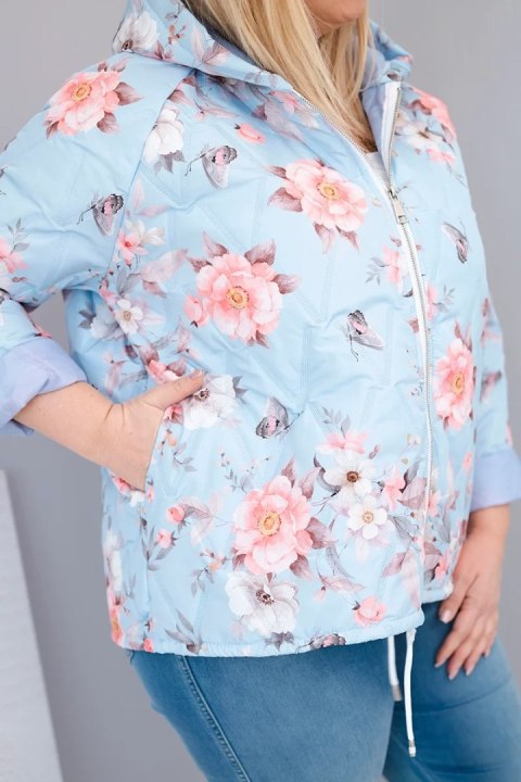 Kurtka damska wiosenna pikowana Plus Size z kapturem i kwiatowym wzorem niebieska