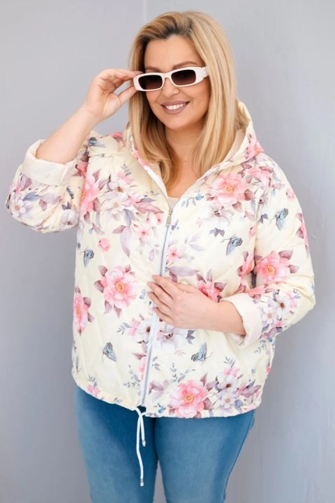 Żółta kurtka damska wiosenna pikowana Plus Size z kwiatowym wzorem