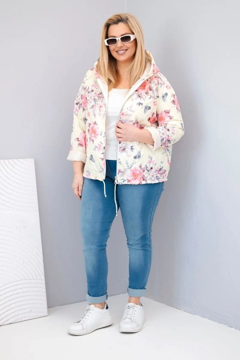Żółta kurtka damska wiosenna pikowana Plus Size z kwiatowym wzorem