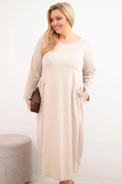 Sukienka damska Plus Size bawełniana z długim rękawem i marszczeniem w talii beżowa