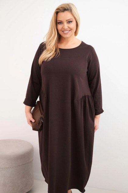 Sukienka damska Plus Size bawełniana z długim rękawem i marszczeniem w talii brązowa