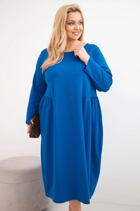 Sukienka damska Plus Size bawełniana z długim rękawem i marszczeniem w talii chabrowa