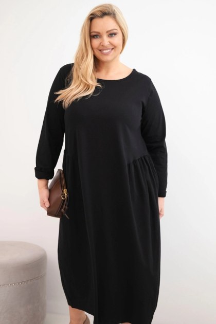 Sukienka damska Plus Size bawełniana z długim rękawem i marszczeniem w talii czarna