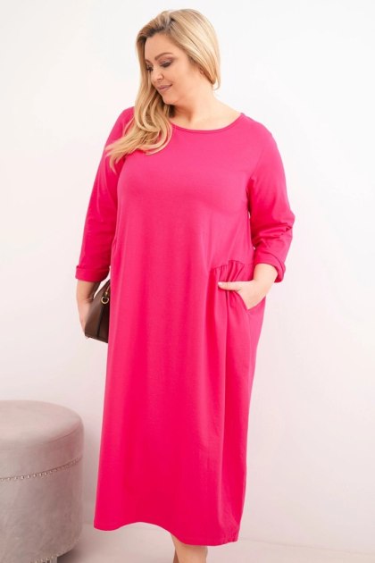Sukienka damska Plus Size bawełniana z długim rękawem i marszczeniem w talii fuksja