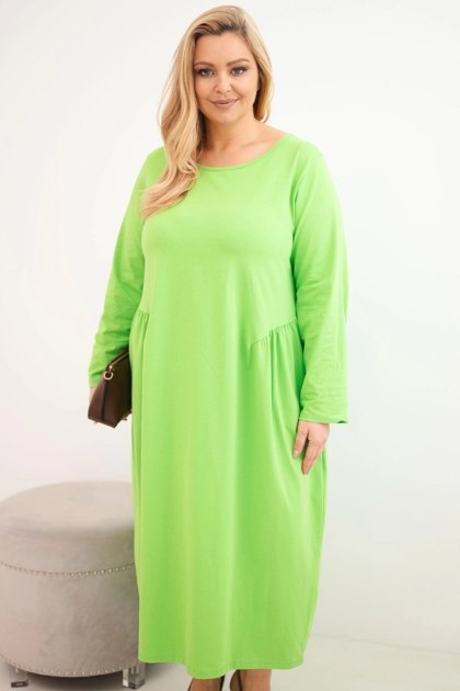Sukienka damska Plus Size bawełniana z długim rękawem i marszczeniem w talii jasno zielona