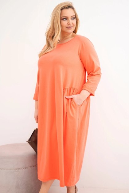 Sukienka damska Plus Size bawełniana z długim rękawem i marszczeniem w talii morelowa