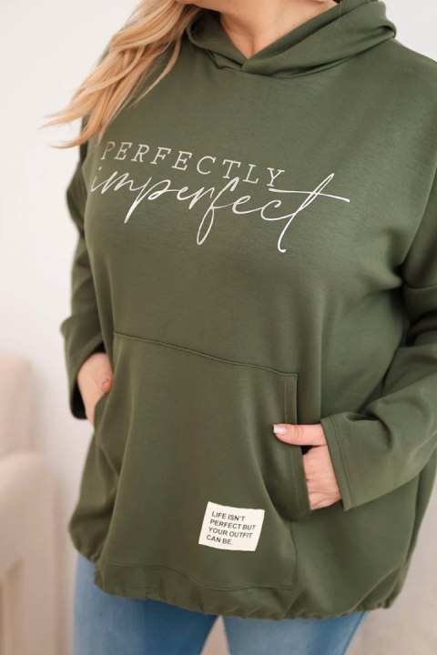 Bluza damska Plus Size z kapturem i nadrukiem khaki