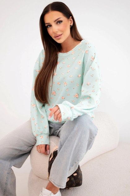 Bluza damska wiskozowa w drobne kwiatki z długim rękawem miętowa