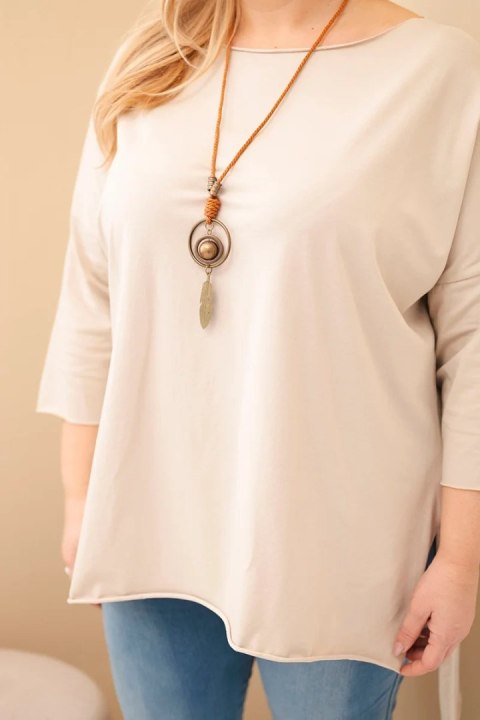 Bluzka damska bawełniana Plus Size asymetryczna z naszyjnikiem beżowa