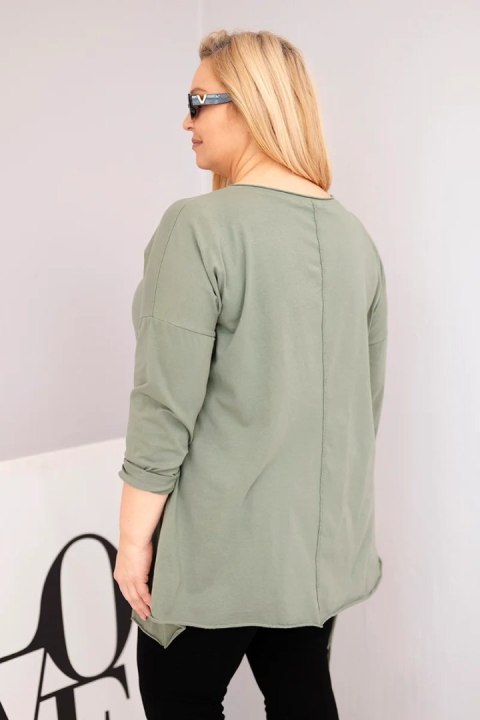 Bluzka damska bawełniana Plus Size z asymetrycznym dołem i wycięciami khaki