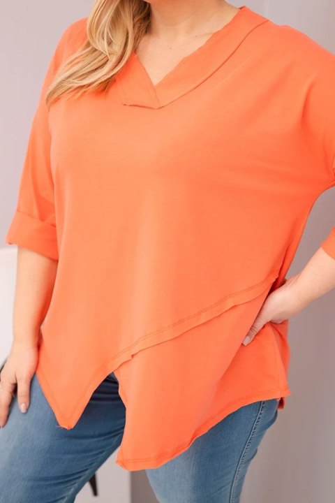Bluzka damska bawełniana Plus Size z głębokim dekoltem V i asymetrycznym dołem morelowa