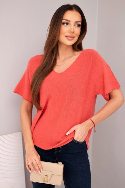 Bluzka damska sweterkowa z krótkim rękawem i dekoltem w serek malinowa