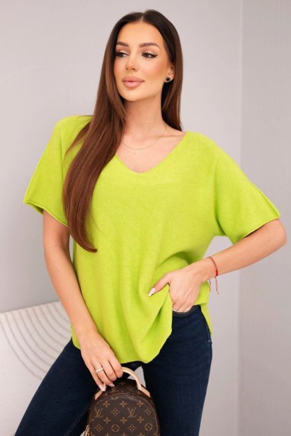 Bluzka damska sweterkowa z krótkim rękawem i dekoltem w serek pistacjowa