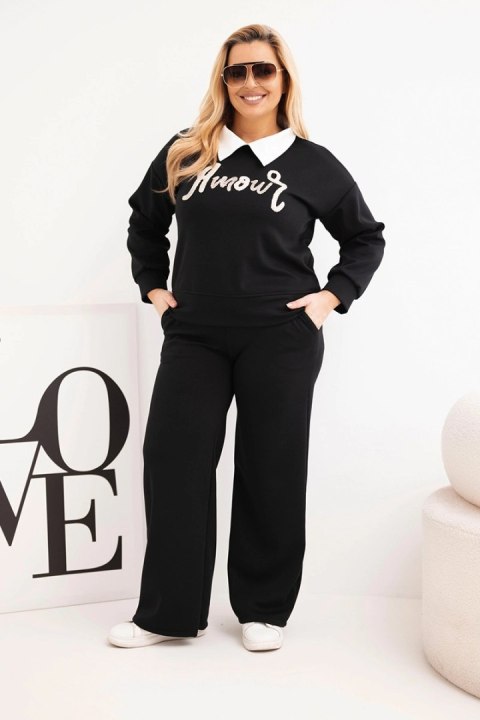 Czarny komplet damski masełko Plus Size z szerokimi nogawkami i kołnierzykiem