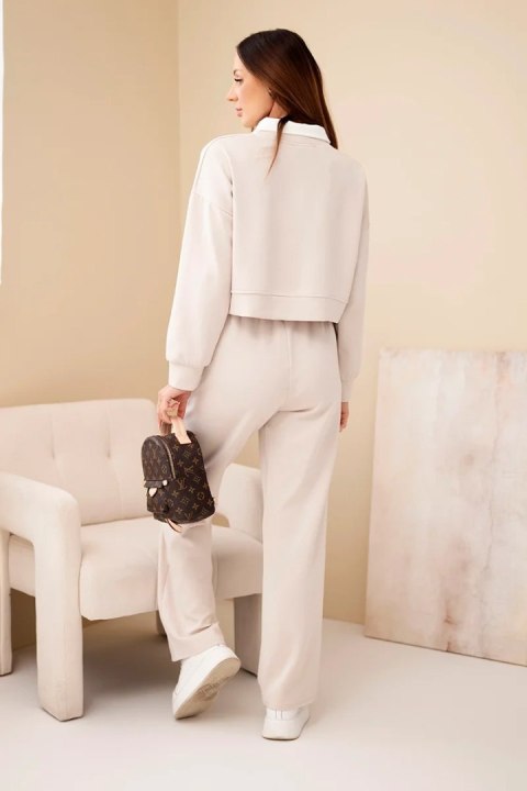 Komplet damski masełko bluza z kołnierzykiem i proste spodnie beżowy