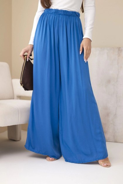 Spodnie damskie wiskozowe szerokie z gumką w pasie chabrowe