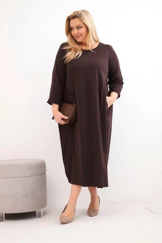 Sukienka damska Plus Size bawełniana z długim rękawem i marszczeniem w talii brązowa