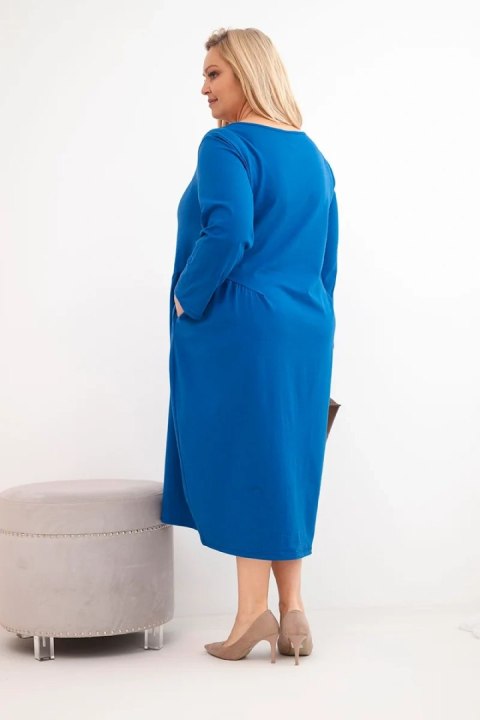 Sukienka damska Plus Size bawełniana z długim rękawem i marszczeniem w talii chabrowa