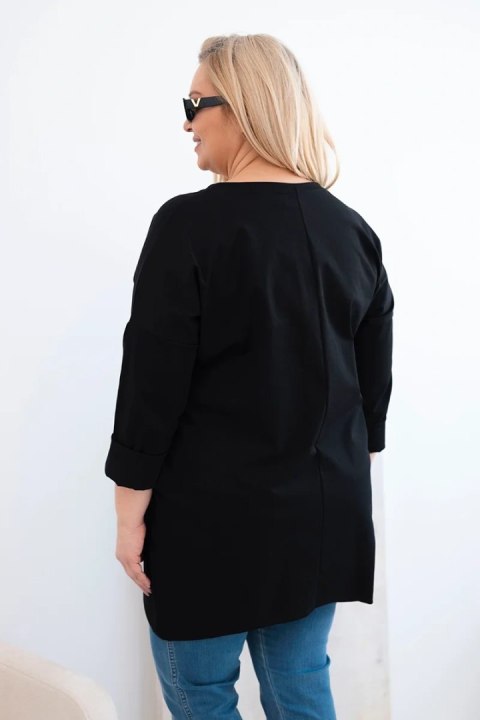 Elegancka czarna bluzka damska Plus Size z dłuższym tyłem i długim rękawem