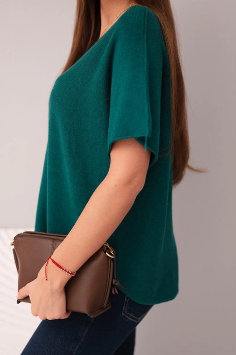 Bluzka damska sweterkowa z krótkim rękawem i dekoltem w serek ciemno zielona