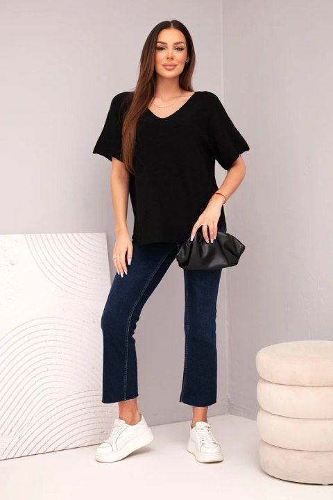 Bluzka damska sweterkowa z krótkim rękawem i dekoltem w serek czarna