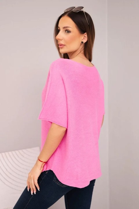 Bluzka damska sweterkowa z krótkim rękawem i dekoltem w serek jasno różowa