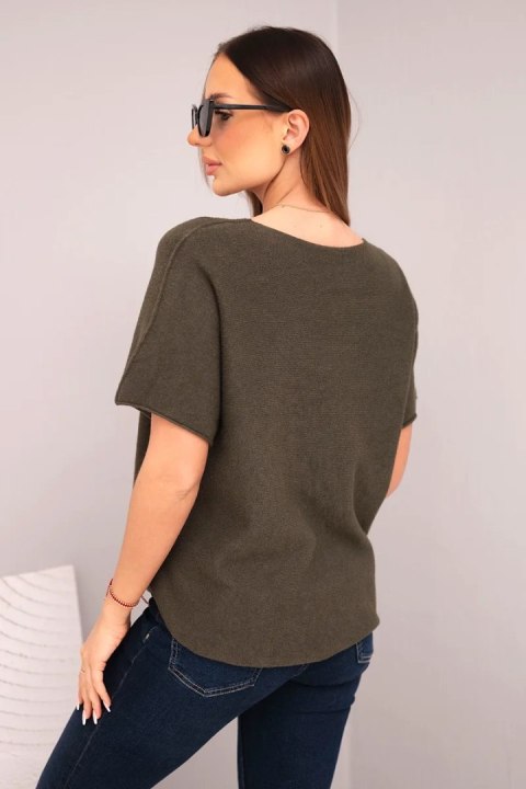 Bluzka damska sweterkowa z krótkim rękawem i dekoltem w serek khaki
