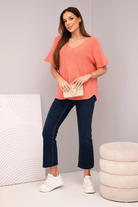 Bluzka damska sweterkowa z krótkim rękawem i dekoltem w serek morelowa