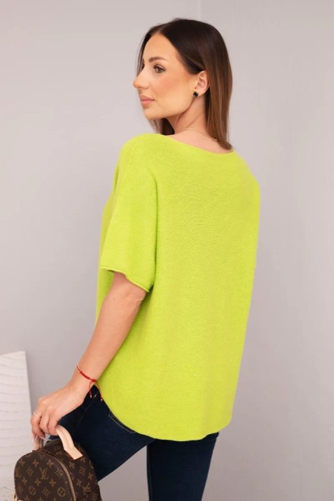 Bluzka damska sweterkowa z krótkim rękawem i dekoltem w serek pistacjowa