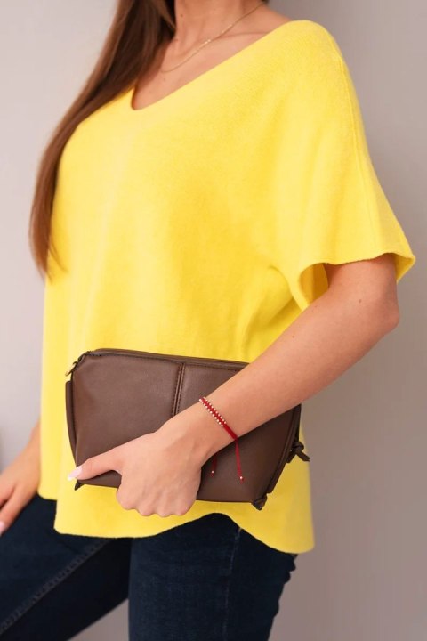 Bluzka damska sweterkowa z krótkim rękawem i dekoltem w serek żółta