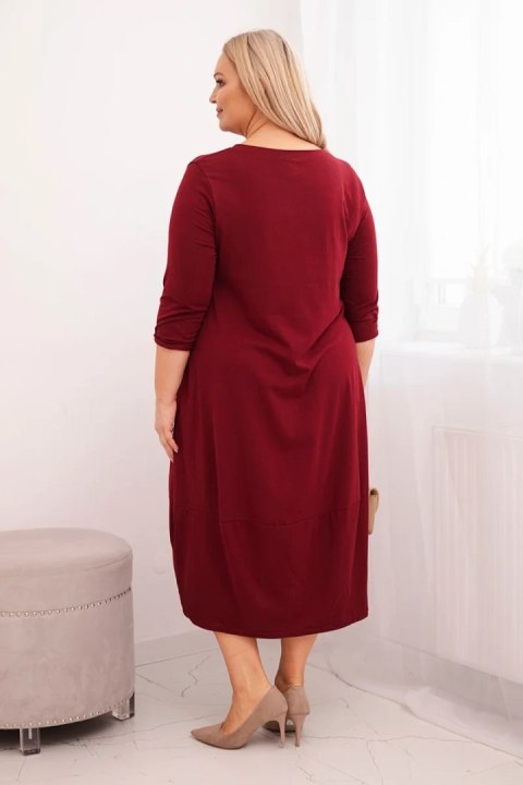 Sukienka damska bawełniana Plus Size z podwijanym rękawem i kieszeniami bordowa