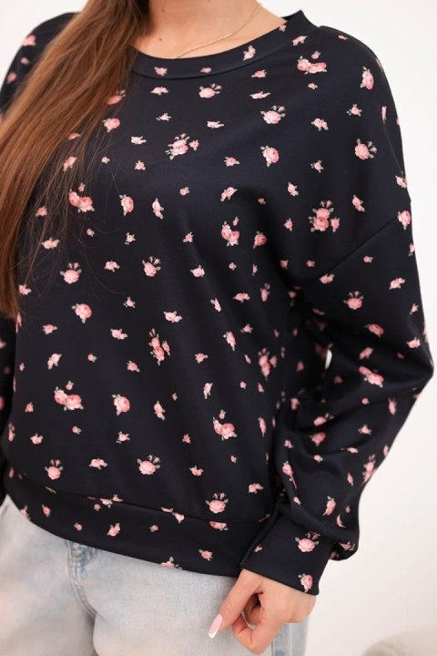 Elegancka czarna bluza damska z wiskozy w subtelny wzór florystyczny