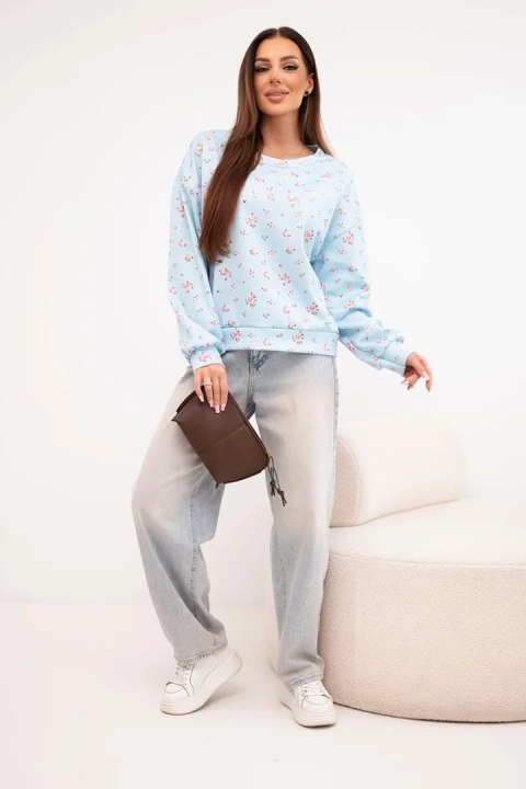 Bluza damska wiskozowa w drobne kwiatki z długim rękawem niebieska