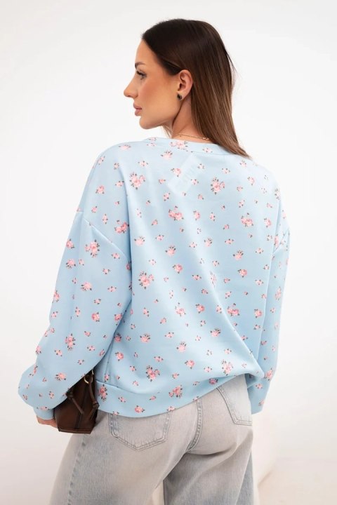 Bluza damska wiskozowa w drobne kwiatki z długim rękawem niebieska
