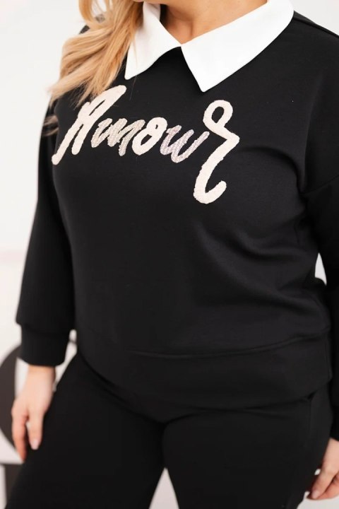 Czarny komplet damski masełko Plus Size z szerokimi nogawkami i kołnierzykiem