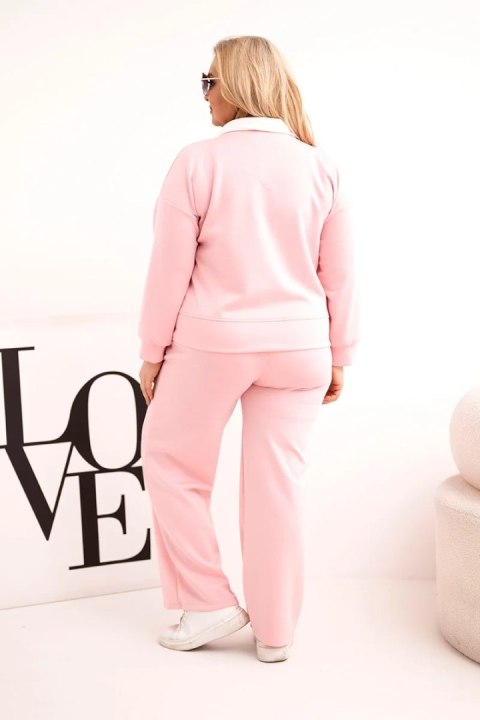 Komplet damski masełko Plus Size z szerokimi nogawkami i kołnierzykiem jasny różowy